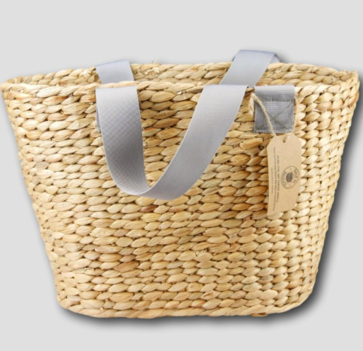 Water Hyacinth Large Oval Basket with Platinum Canvas Handles