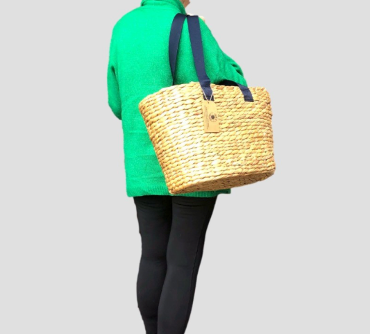 Water Hyacinth Large Oval Basket with Navy Canvas Handles