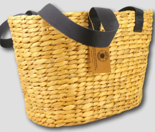 Water Hyacinth Large Oval Basket with Navy Canvas Handles