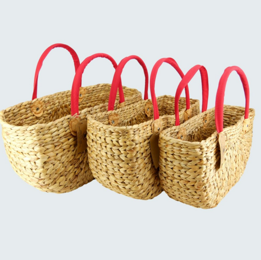 Water Hyacinth Rectangle Baskets with Red Canvas Covered Handles