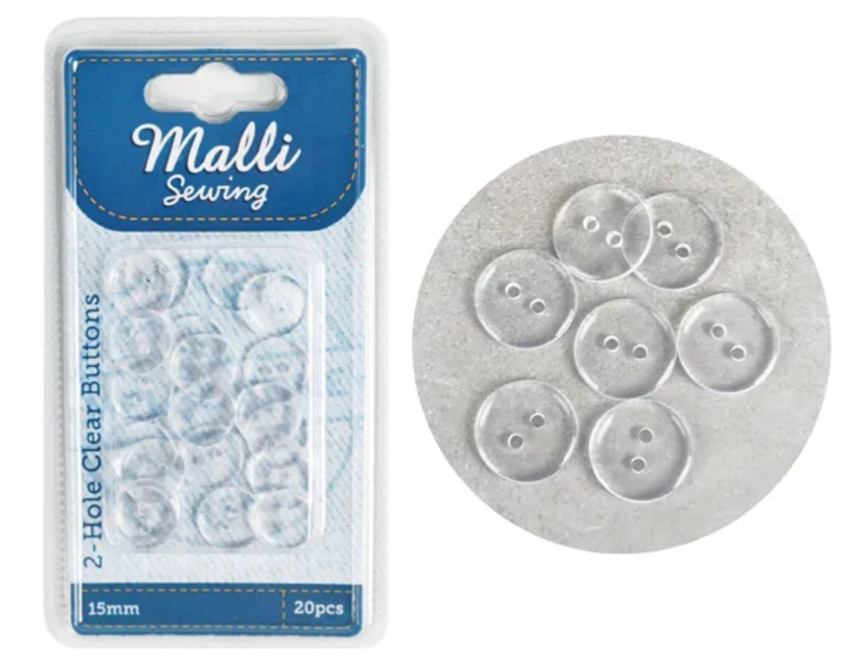 BUTTONS 2-HOLE CLEAR 15MM 20PK