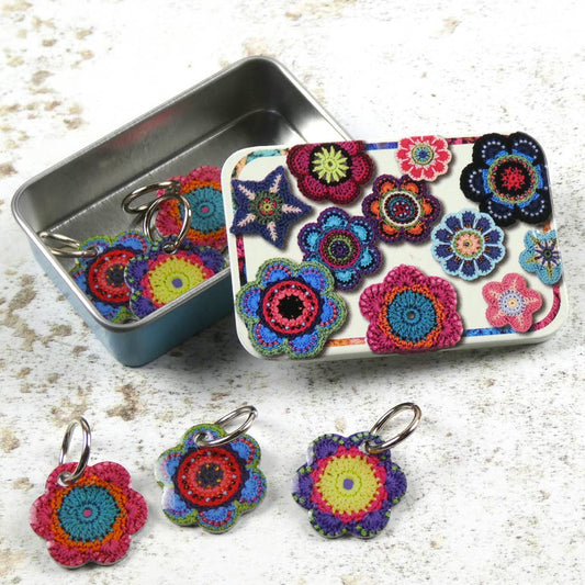 Flower Stitch Markers In A Motif Tin